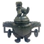 Chinese Late Qing Spinach Jade Tripod Censor Foo Dog Handle