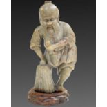 18th/19th Century Chinese Soapstone Carving Of A Fisherman On Rose Wood Stand