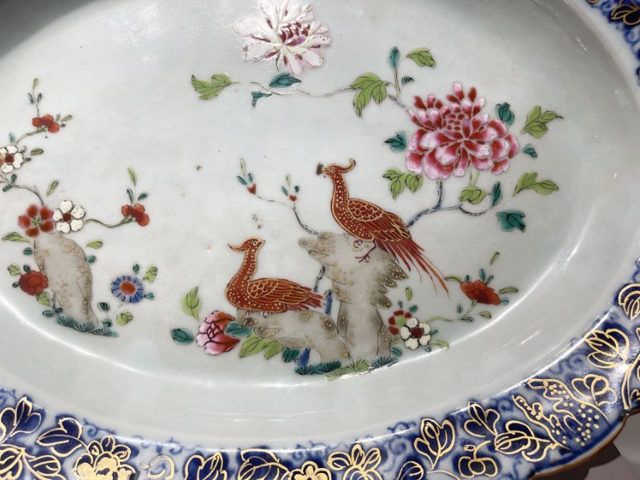 Chinese 18th Century Export Oval Platter Enamelled Decoration On Underglaze blue with Peacocks - Image 8 of 8