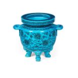 A LARGE LATE 19TH CENTURY MINTON MAJOLICA TURQUOISE GROUND JARDINIERE