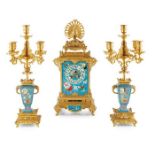 A FINE 19TH CENTURY FRENCH 'JAPONISME' GILT BRONZE AND PORCELAIN CLOCK GARNITURE