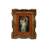 A LATE 19TH CENTURY FRAMED BERLIN K.P.M. PORCELAIN PLAQUE DEPICTING A GIRL WITH A FAN