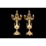 A FINE PAIR OF LATE 19TH CENTURY FRENCH GILT BRONZE AND ALGERIAN ONYX CANDELABRA