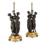 A PAIR OF LATE 19TH / EARLY 20TH CENTURY FRENCH BRONZE FIGURAL LAMP BASES IN THE MANNER OF FALCONET