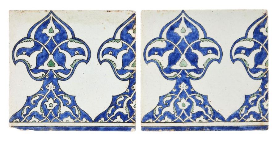 A pair of Damascus underglaze painted pottery border tiles, Syria, 17th century