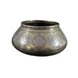 MAMLUK REVIVAL LARGE BRASS & SILVER INLAID BOWL