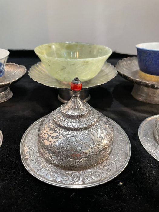 Early Chinese Tibetan Silver Dishes Golden & Silver Inlay - Image 10 of 16