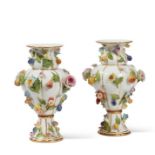 A Pair Of Floral Encrusted Meissen Baluster Vases 19th Century Blue Crossed Swords Mark