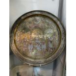 important Islamic 19th century Silver Inlay Gilt Platter Story Of "Moses and Aaron"