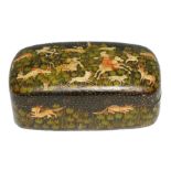 An Indian papier mache Pen Box & Cover Painted With Hunting Scenes In Persian Taste