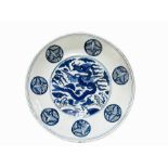 RARE LARGE CHINESE BLUE & WHITE CHARGER DEPICTING DRAGONS WITH INSCRIPTIONS, PROBABLY MING PERIOD