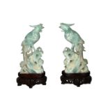 PAIR OF LATE QING CHINESE JADE BIRDS ON STANDS PALE CELADON COLOUR