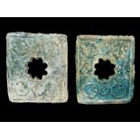 IMPRESSIVE PAIR OF 12TH CENTURY KASHAN POLYCHROME TURQUOISE TILES WITH BIRD HOLES