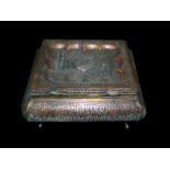 LARGE MAMLUK REVIVAL SILVER INLAID FOOTED BOX DECORATED WITH BANDS OF CALLIGRAPHY