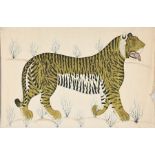 A large cotton panel painted with a tiger, walking in a barren landscape with grass clumps unsigned