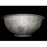 LARGE IMPRESSIVE ISLAMIC SILVER INLAY BOWL WITH IMPORTANT RELIGIOUS SCENES