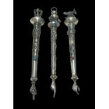 THREE 19TH CENTURY RUSSIAN SILVER TORAH POINTERS WITH SEMI PRECIOUS STONES