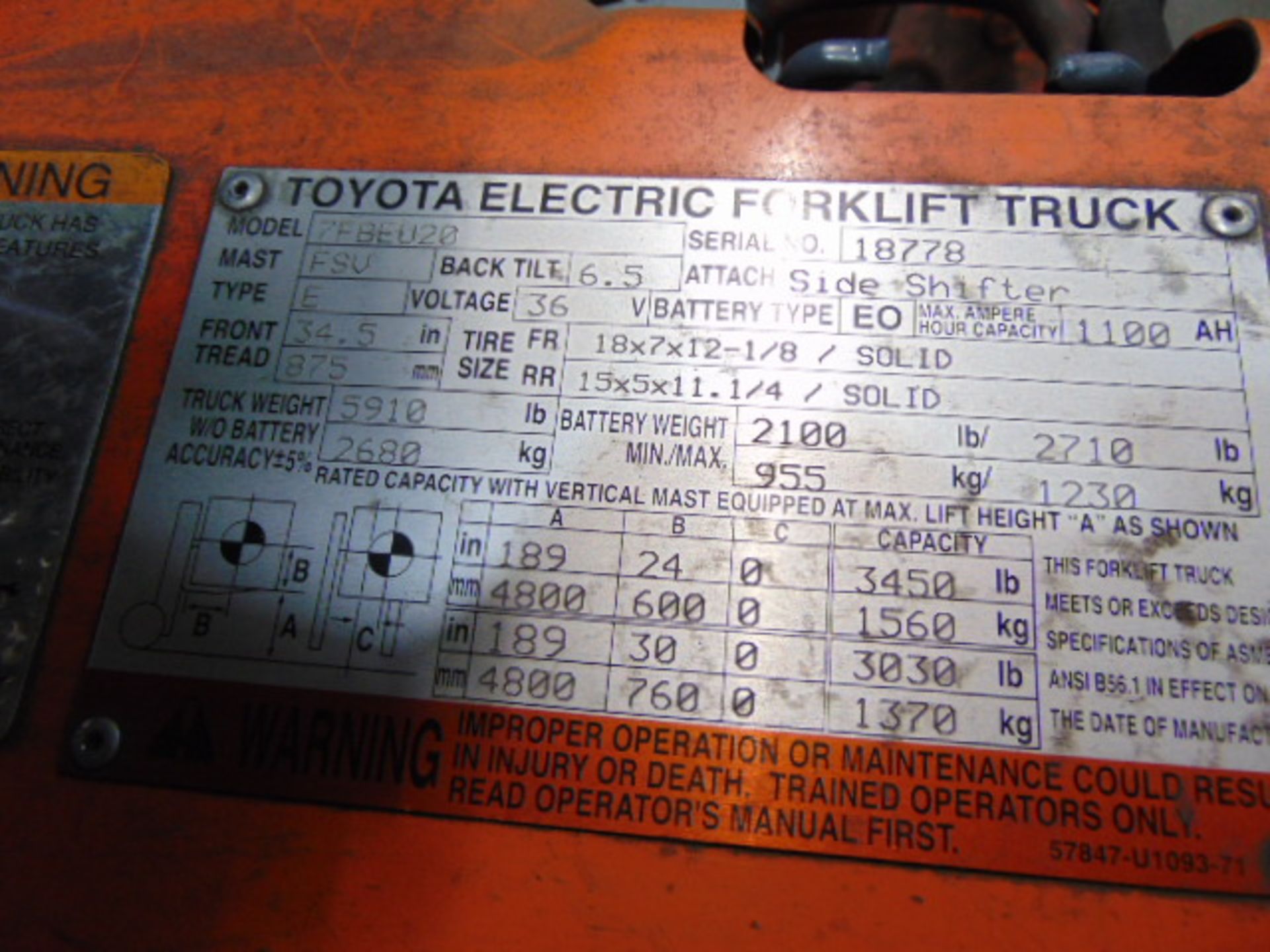 ELECTRIC FORKLIFT, TOYOTA 4,000 LB. BASE CAP. MDL. 7FBEU20, new 2010, 3,450 lb. cap. @ 24” L.C, 189” - Image 8 of 9