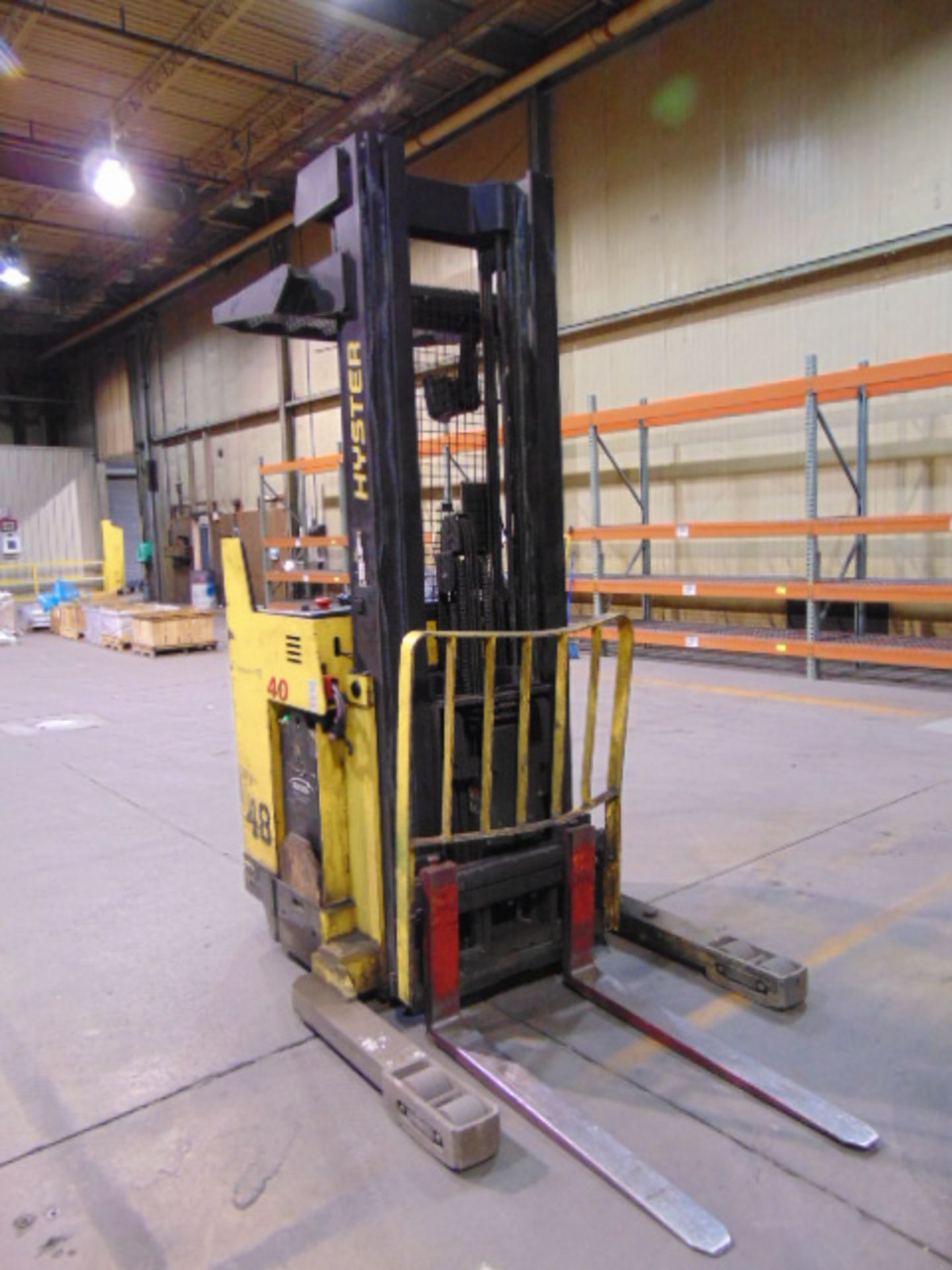 NARROW AISLE ELECTRIC REACH TRUCK, HYSTER 4,000 LB. BASE CAP. MDL. N40XMR3, 3,700 lb. cap. @ 24” L.