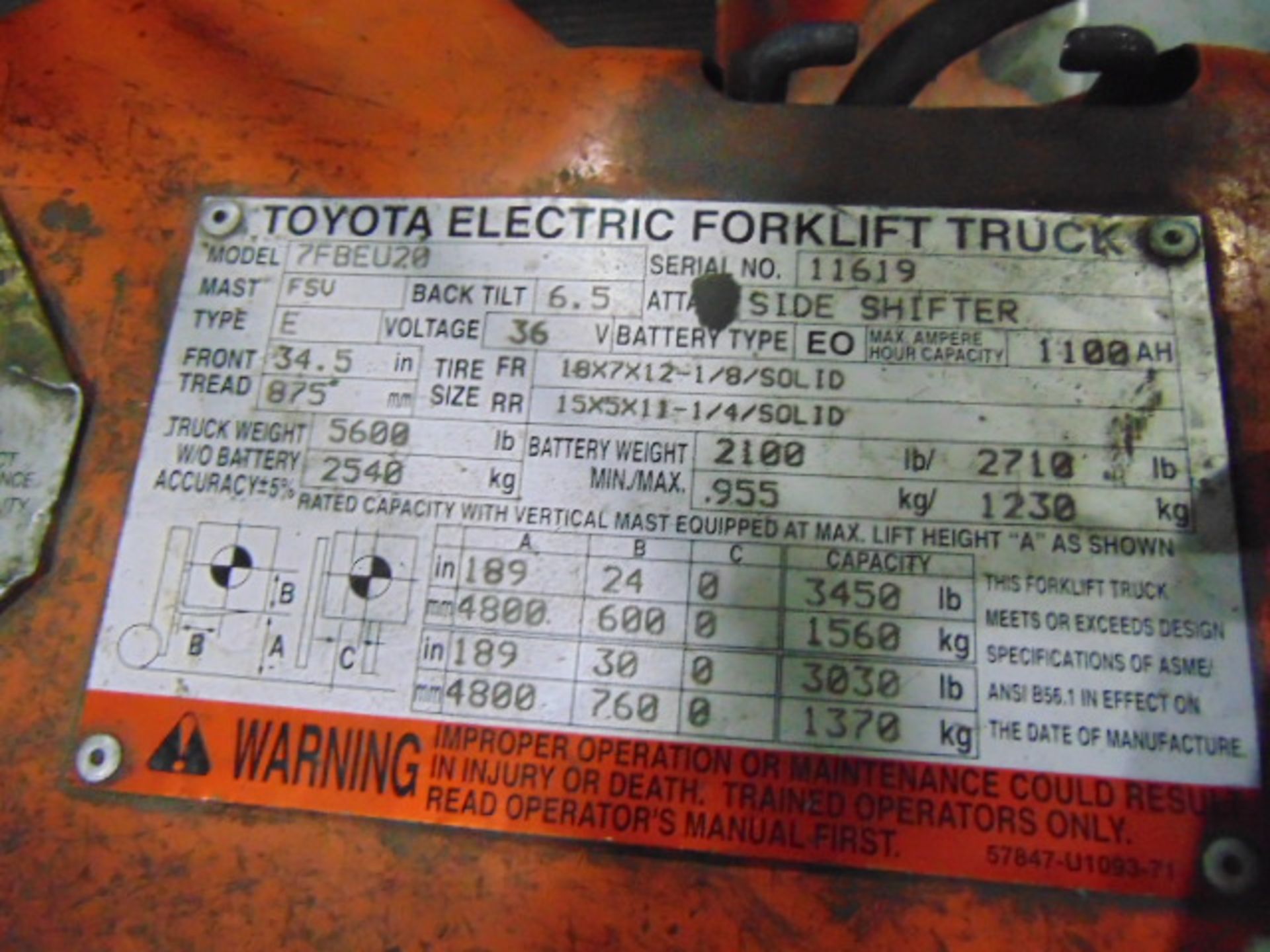 ELECTRIC FORKLIFT, TOYOTA 4,000 LB. BASE CAP. MDL. 7FBEU20, 3,450 lb. cap. @ 24” load center, 189” - Image 8 of 9