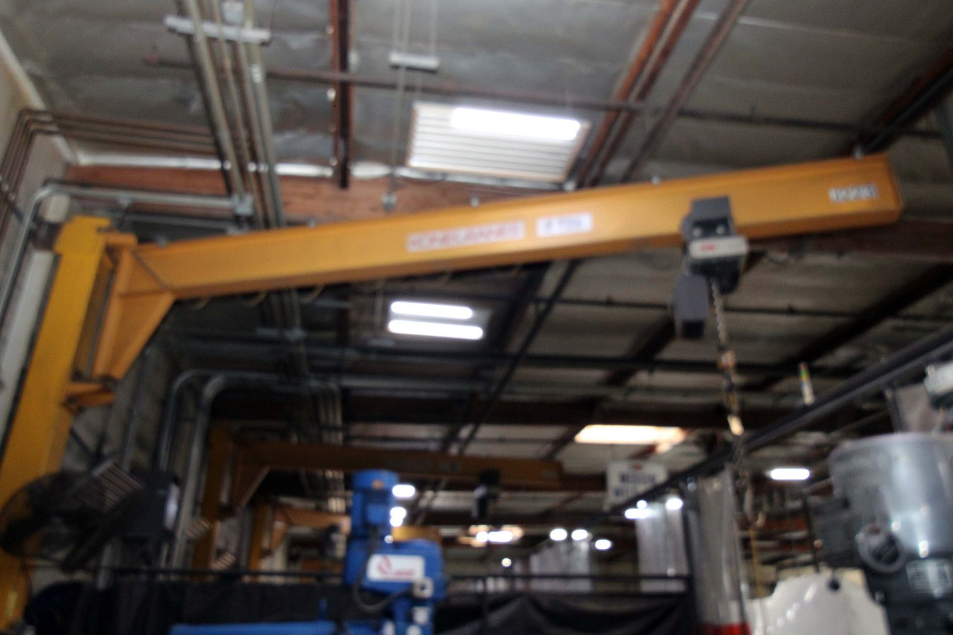 COLUMN MOUNTED JIB CRANE, 2 T. X APPROX. 21' REACH, 14' ht. under hook, Kone 2 T. elec. chain hoist,