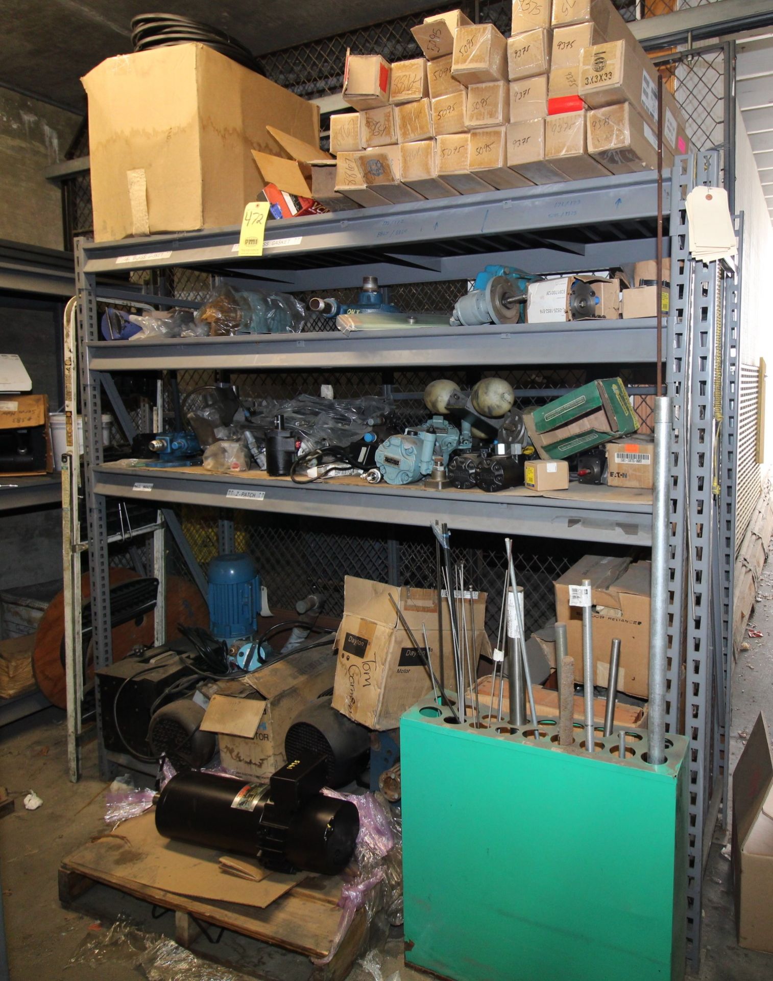 LOT CONSISTING OF: (4) shelves of electric motors, pumps, bladders & other items, w/ Lyons 24" x 72"