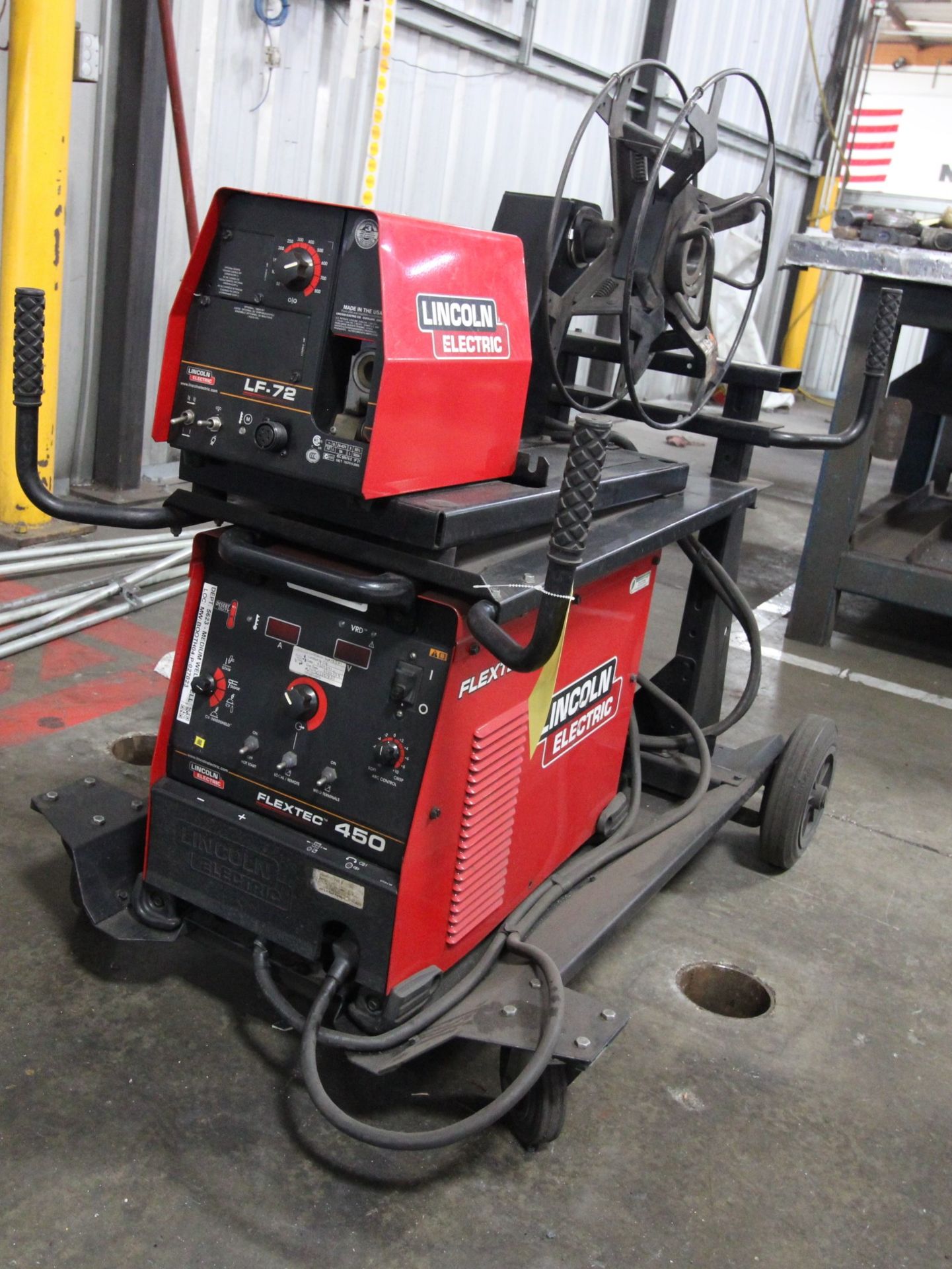 MIG WELDER, LINCOLN FLEXTEC 450, new 2013, LF-72 wire feeder, running gear cart, S/N U1130200755