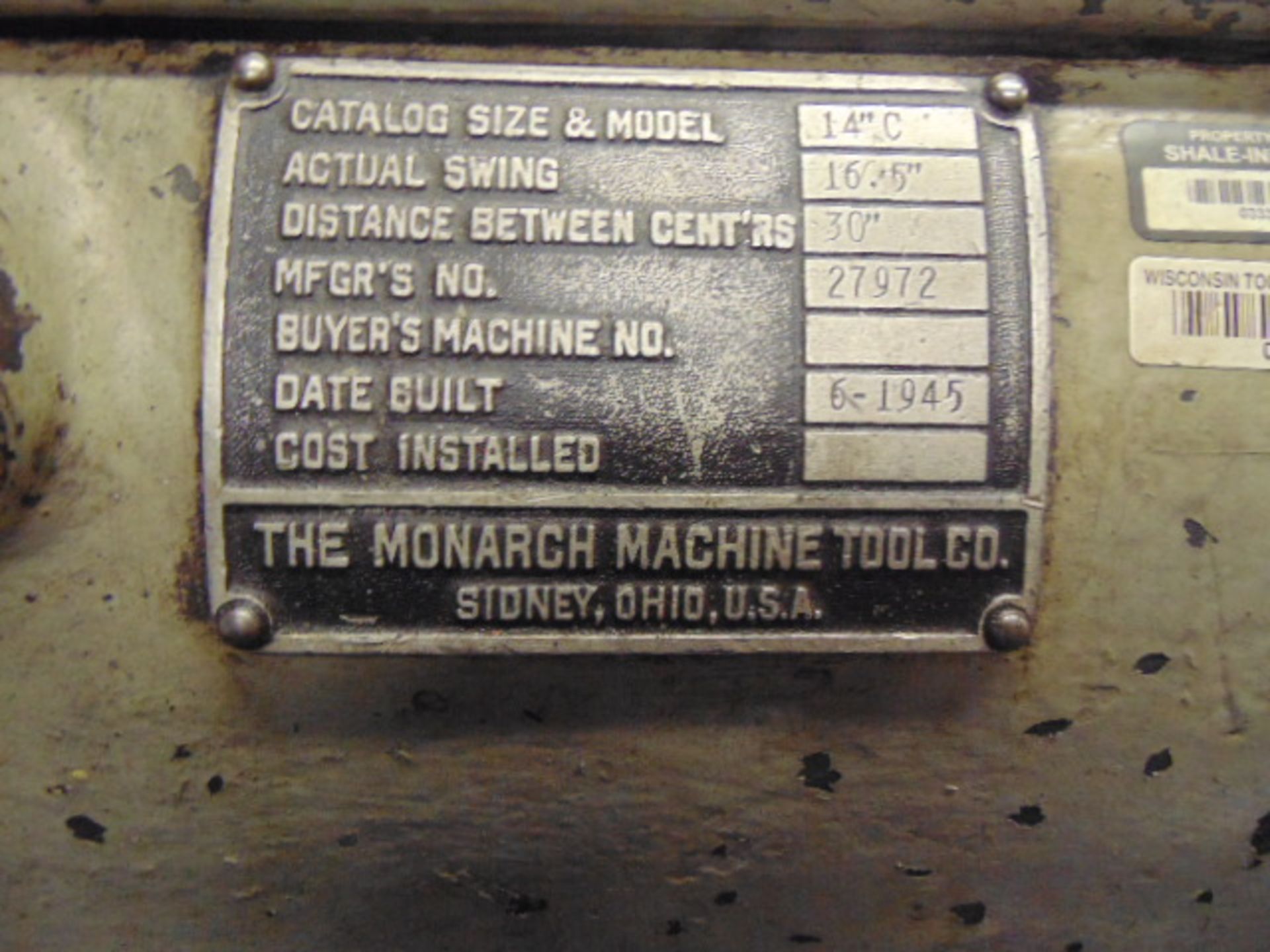 LATHE, MONARCH 16-1/2” X 30” MDL. 14C ENGINE, 10” dia. 3-jaw chuck, S/N 27972 - Image 8 of 10