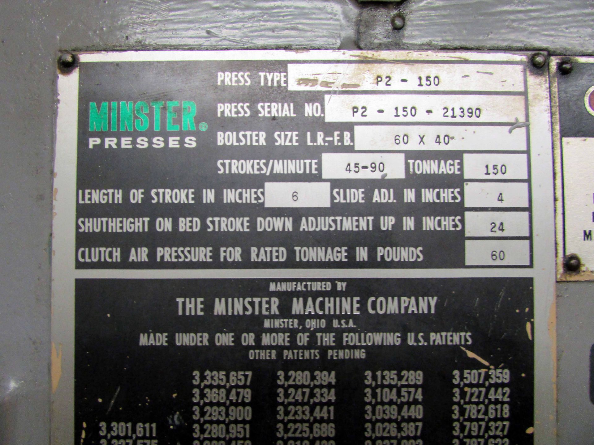 HIGH SPEED PRESS, MINSTER PIECEMAKER 150 T. CAP. MDL. P2-150, 6” stroke, 4” slide adj., 24” shut - Image 25 of 26