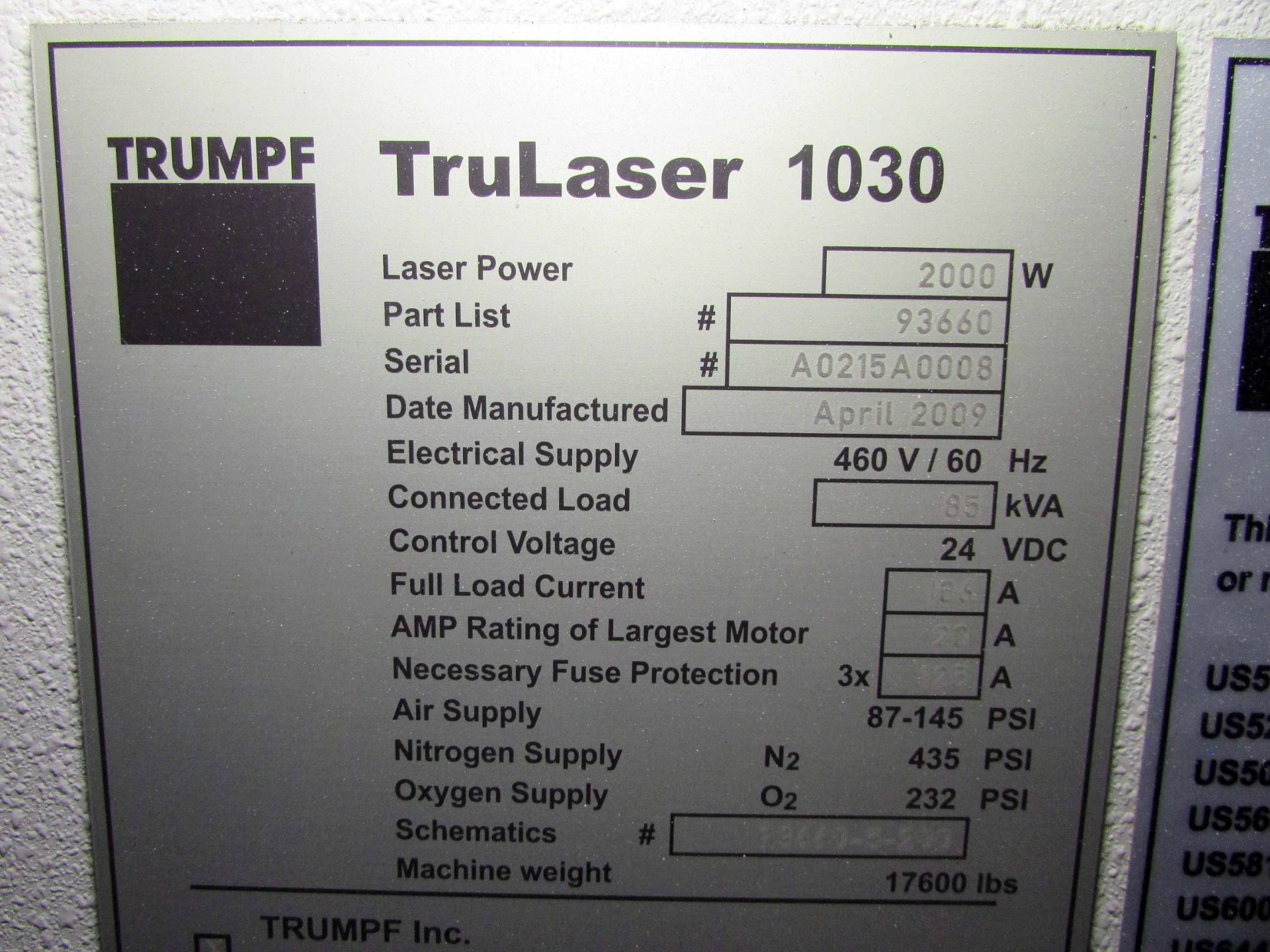 CNC LASER, TRUMPF MDL. TRUELASER 1030, (2008), Trumpf Mdl. PC-620 CNC, 2,000 watt, new resonator - Image 15 of 15