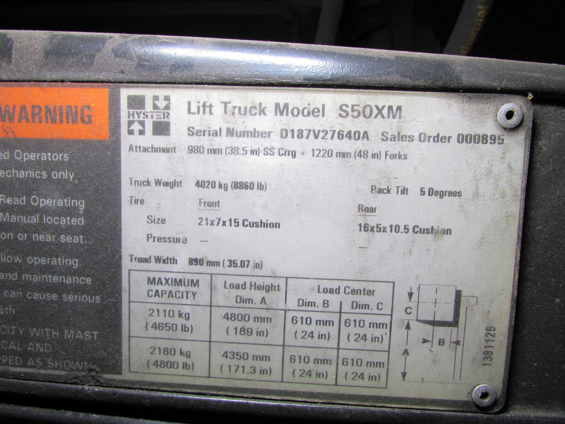 FORKLIFT, HYSTER MDL. S50XM, 2003, LPG, 3-stage mast, solid tire, side shift, S/N D187V27640A - Image 10 of 10