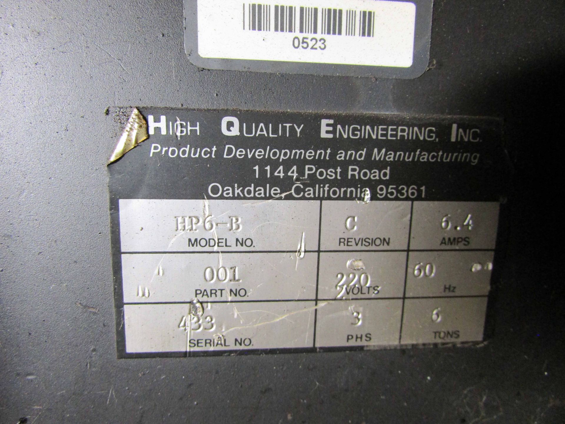 INSERTING PRESS, HIGH QUALITY ENGINEERING MDL. HP6-B, 6 T. CAP., S/N 433 (Note: out of service) - Image 7 of 7