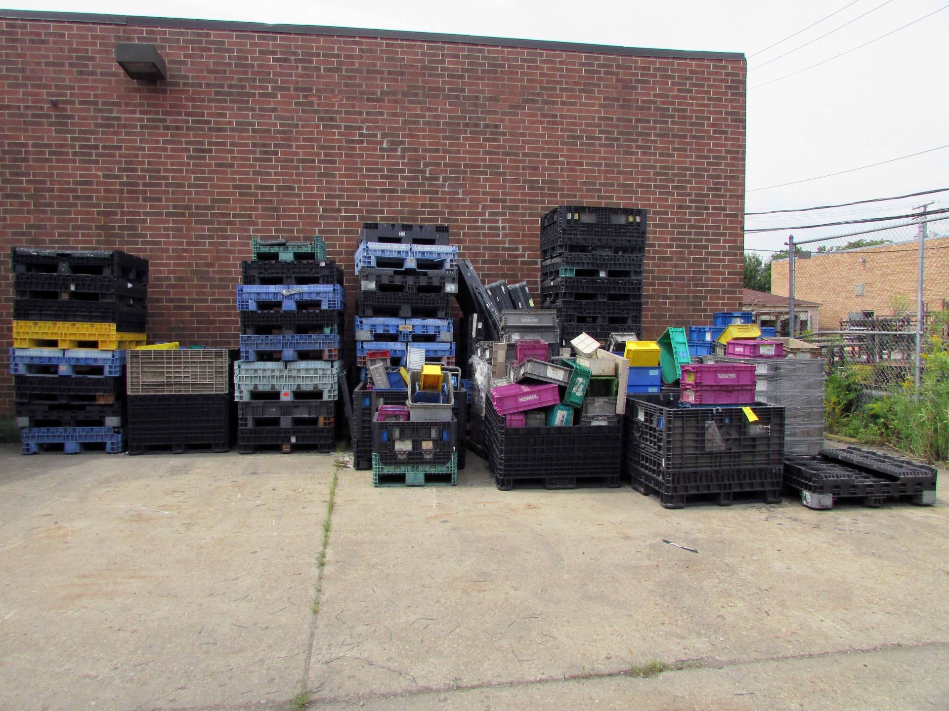 LOT OF COLLAPSIBLE PLASTIC BINS (APPROX. 36), 48" x 45", w/ plastic parts bins (large quantity),