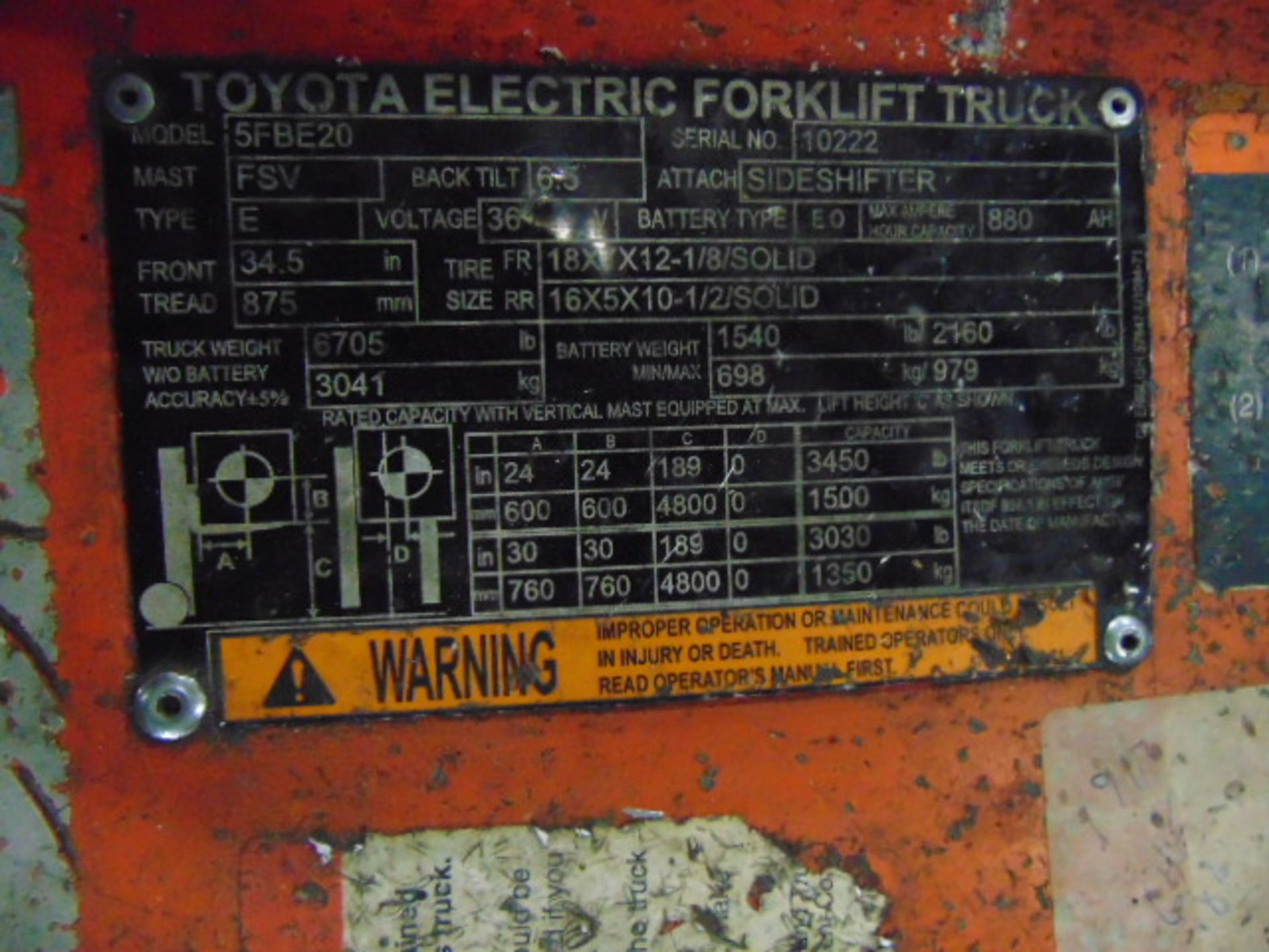 ELECTRIC FORKLIFT, TOYOTA 4,000 LB. BASE CAP. MDL. 5FBE20, 3-wheel design, 3,450 lb. cap. @ 24” L. - Image 7 of 8