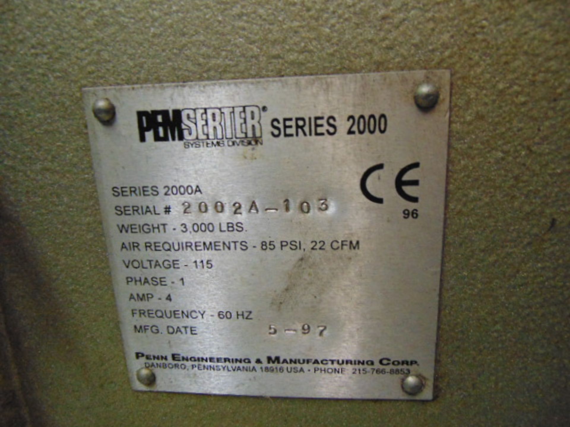 HARDWARE PRESS, PEMSERTER SERIES 2000A, new 1997, vibratory bowl feed, S/N 2002A-103 - Image 6 of 6