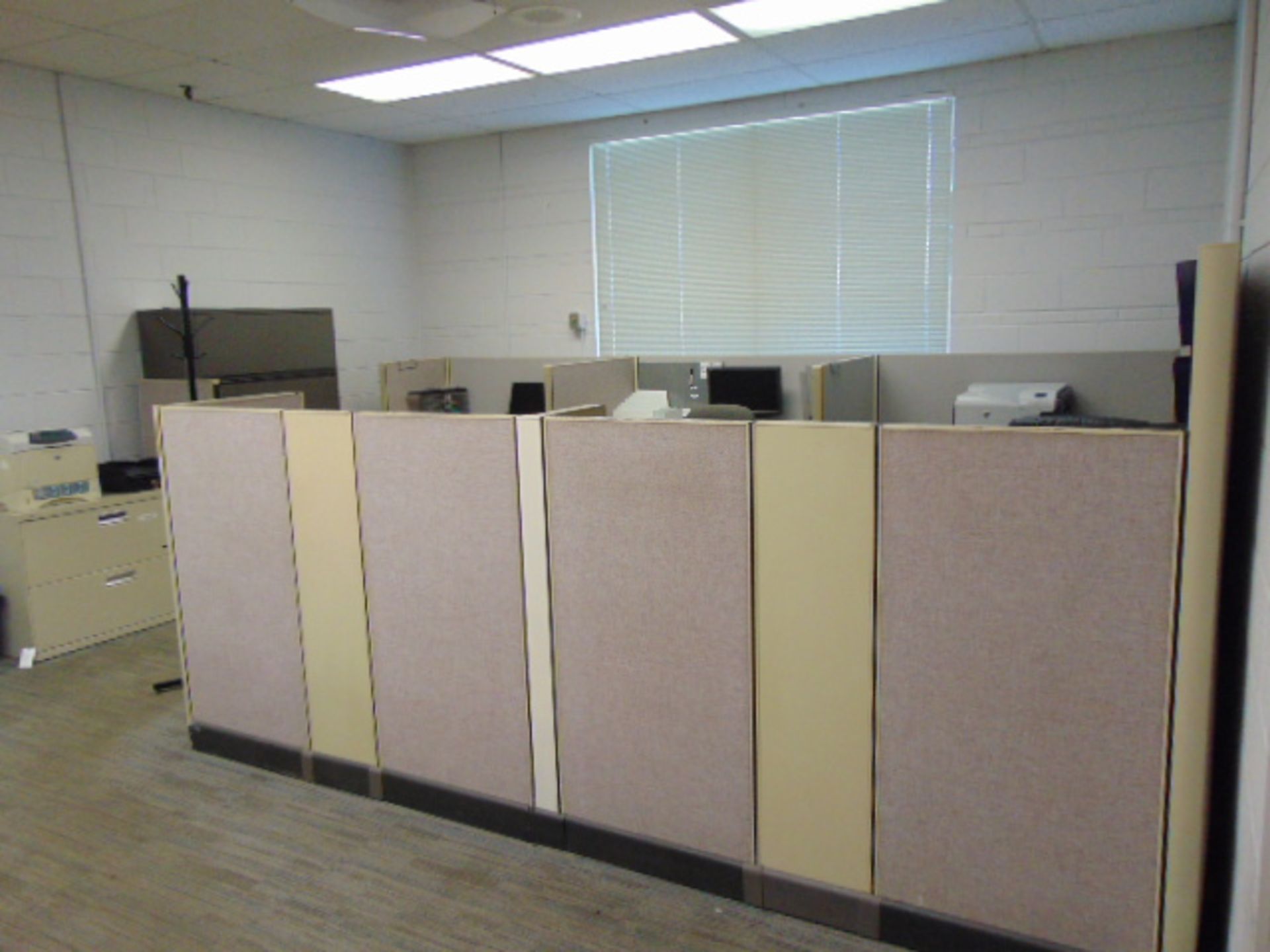 LOT OF OFFICE CUBICLES: total of (5) work stations & (2) printers