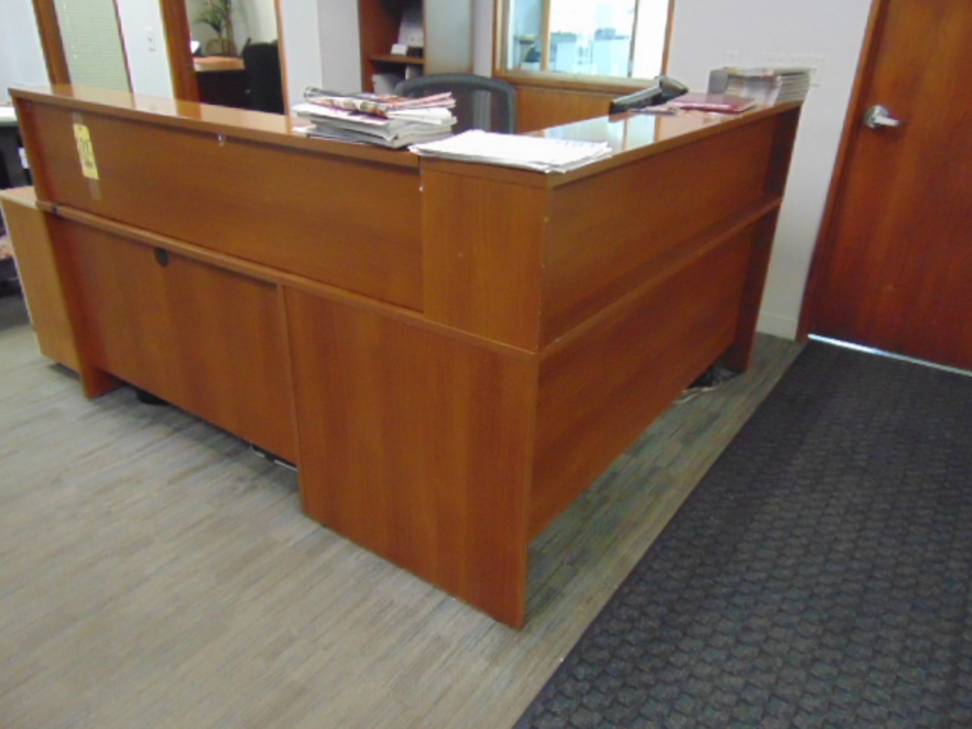 LOT CONSISTING OF: reception desk, bookcase & (6) assorted filed cabinets (no computer)