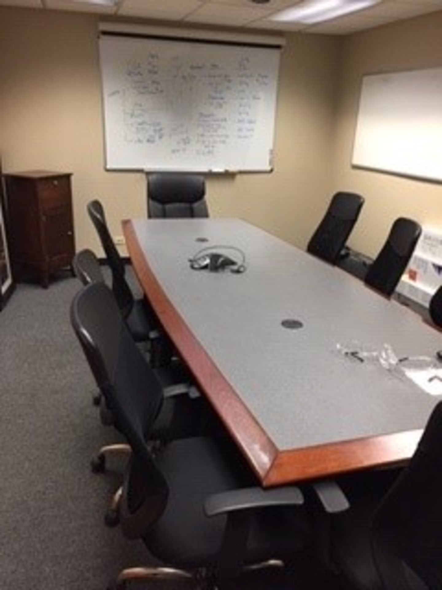 LOT CONTENTS OF CONFERENCE ROOM: 11' x 4' table, (8) chairs, (3) cabinets, (2) white boards (TV - Image 2 of 4