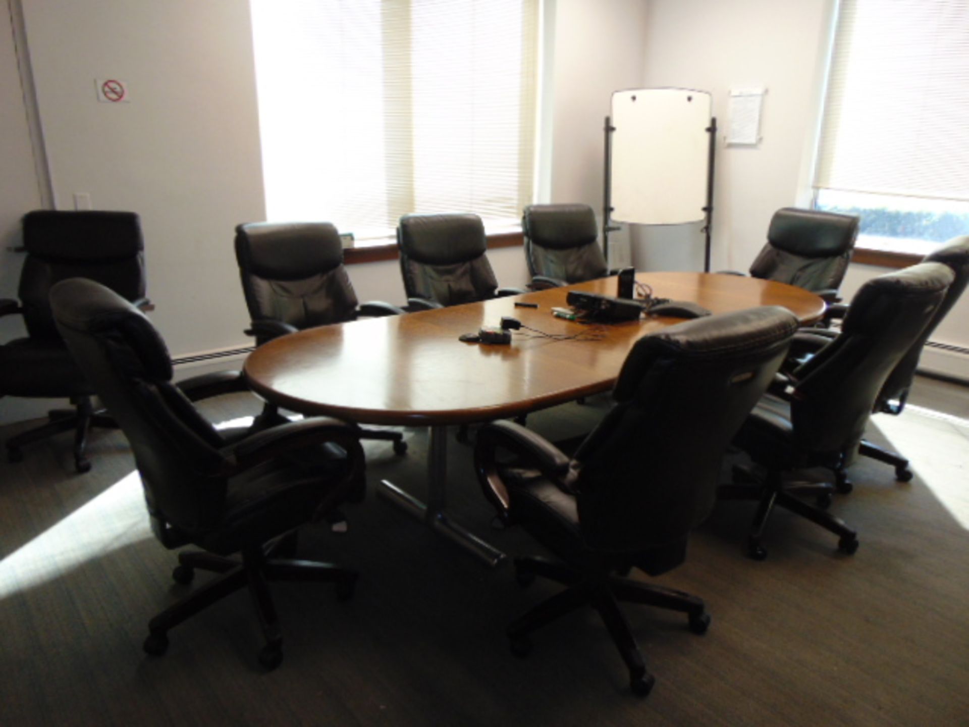 LOT CONSISTING OF: 120" x 49" conference table, (9) chairs, (2) tables, Epson overhead projector &