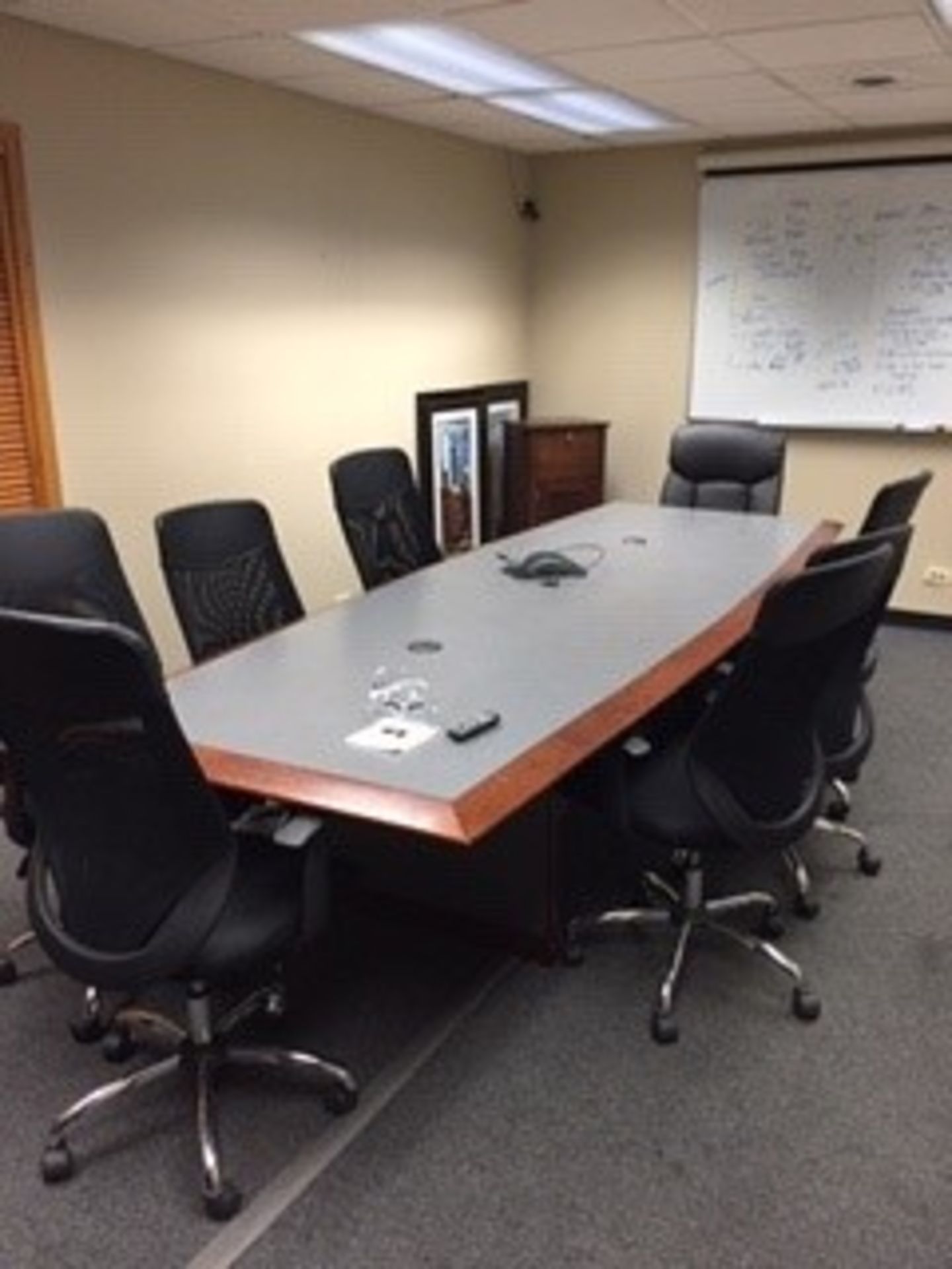 LOT CONTENTS OF CONFERENCE ROOM: 11' x 4' table, (8) chairs, (3) cabinets, (2) white boards (TV