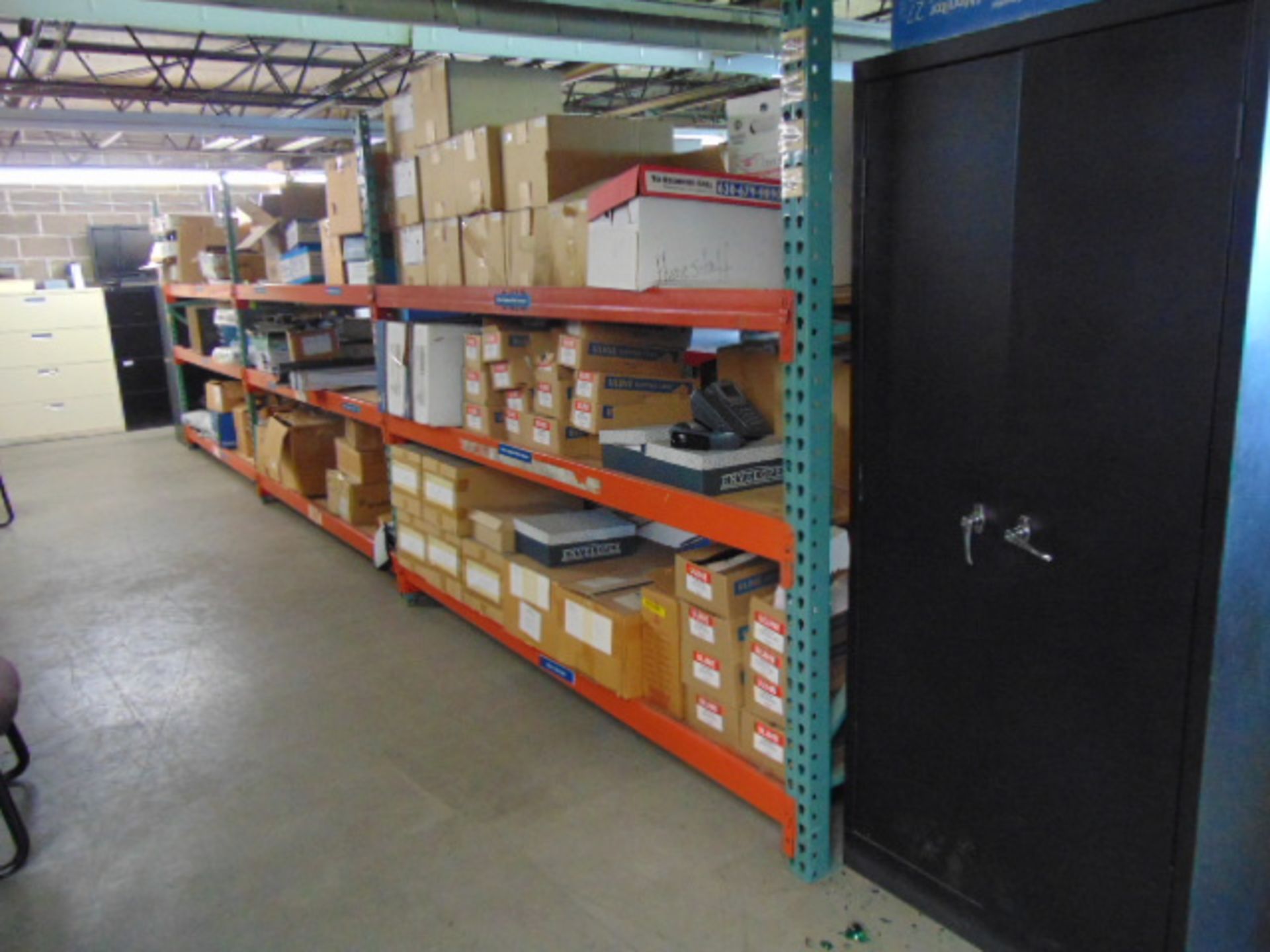 LOT CONTENTS OF MEZZANINE: (9) sections of pallet racking, (13) assorted file cabinets, assorted