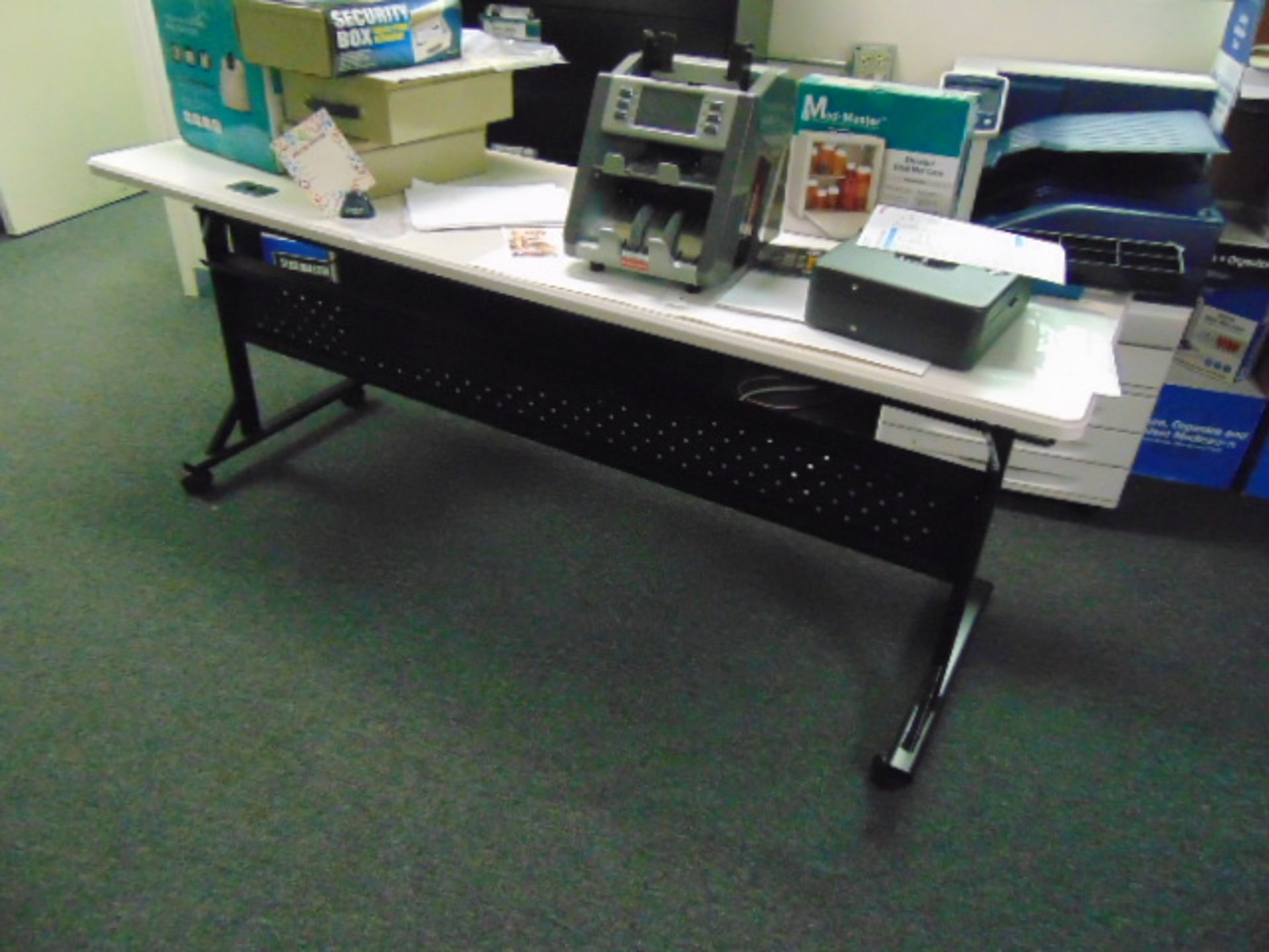 LOT CONSISTING OF: (5) L-shaped desks, (6) tables, (8) assorted file cabinets, (2) assorted printers - Image 9 of 11