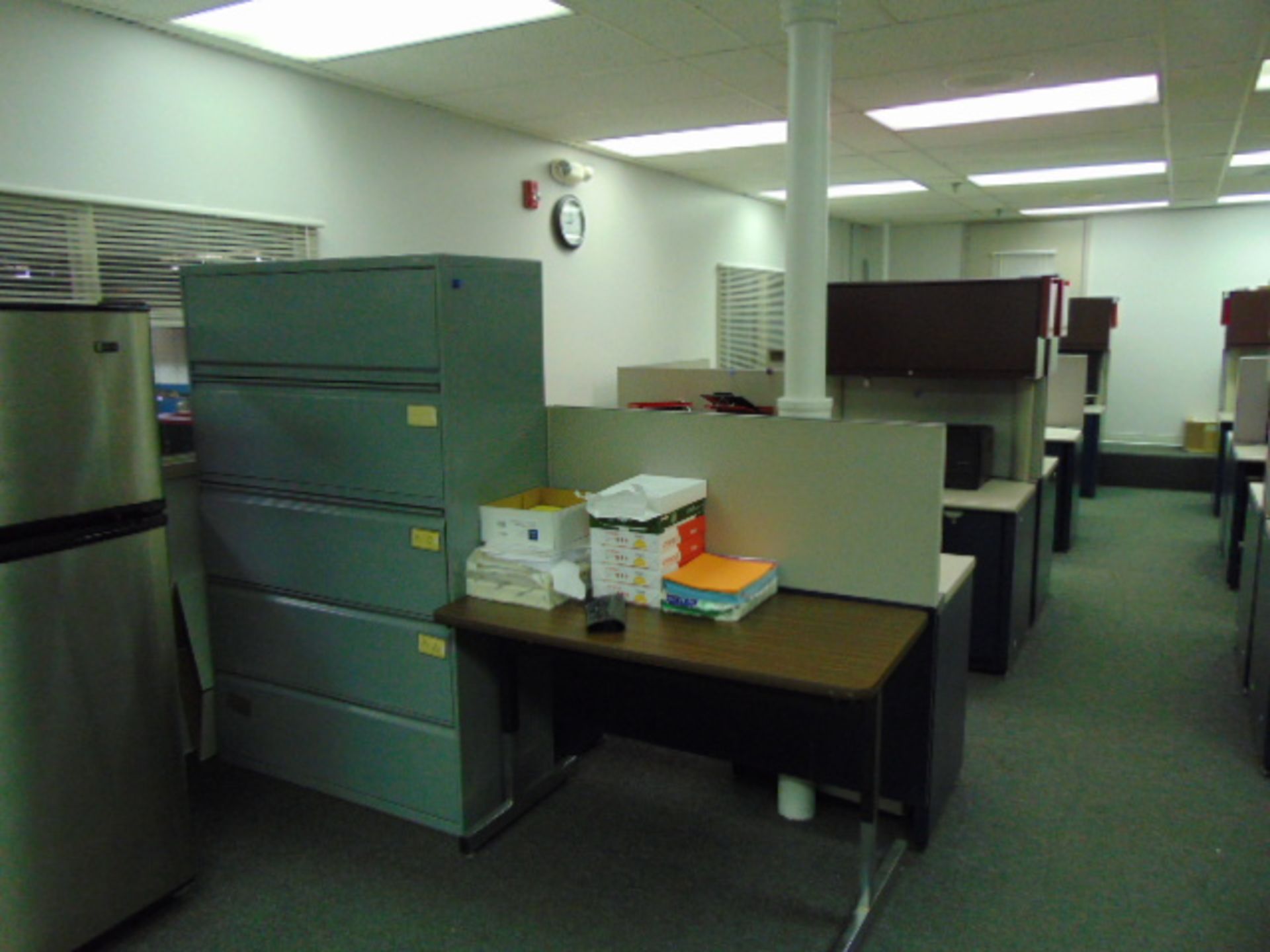 LOT OF OFFICE CUBICLES: (7) work stations total, refrigerator, copy machine, (3) printers, (4)