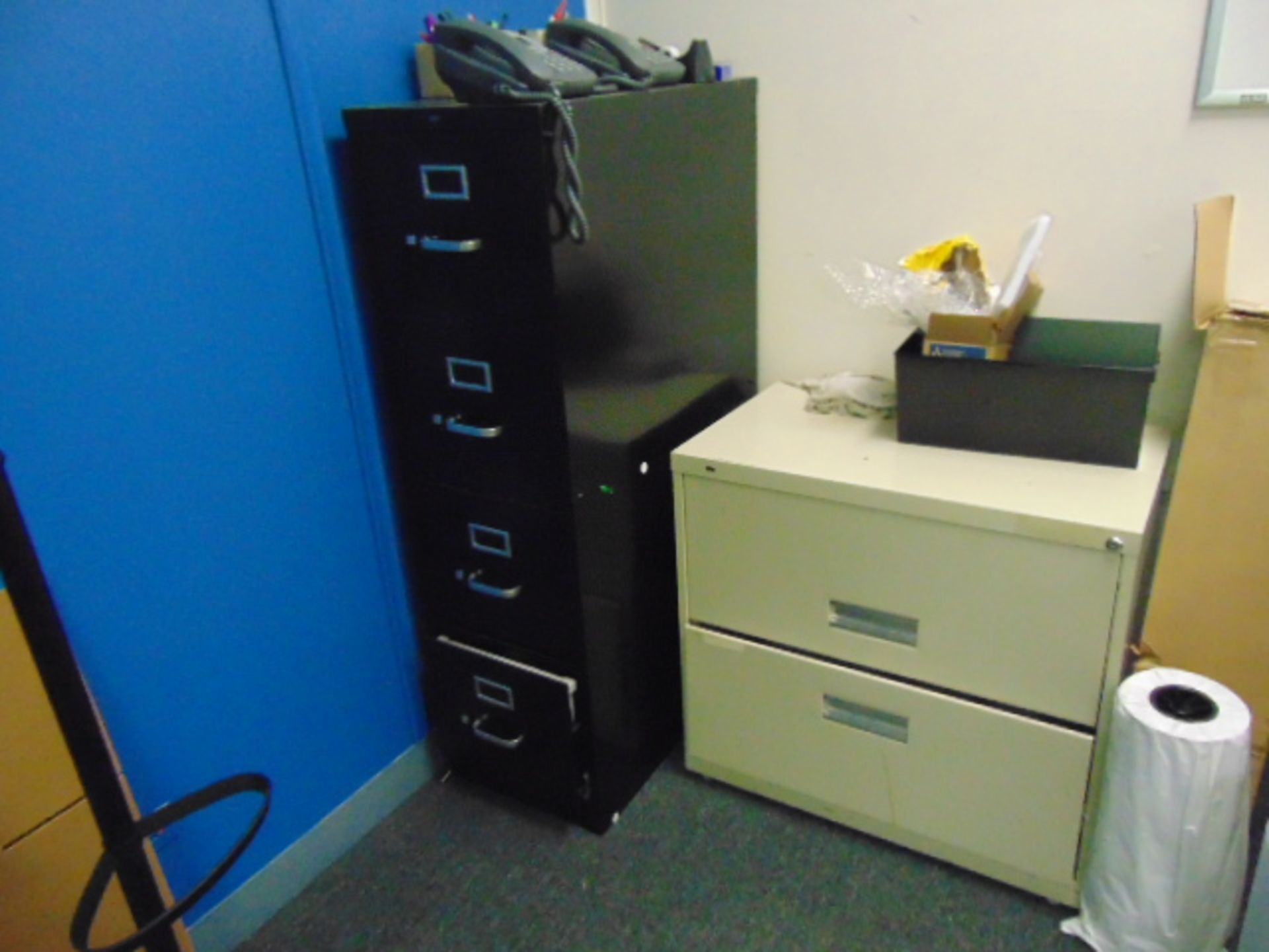 LOT CONSISTING OF: (5) L-shaped desks, (6) tables, (8) assorted file cabinets, (2) assorted printers - Image 2 of 11