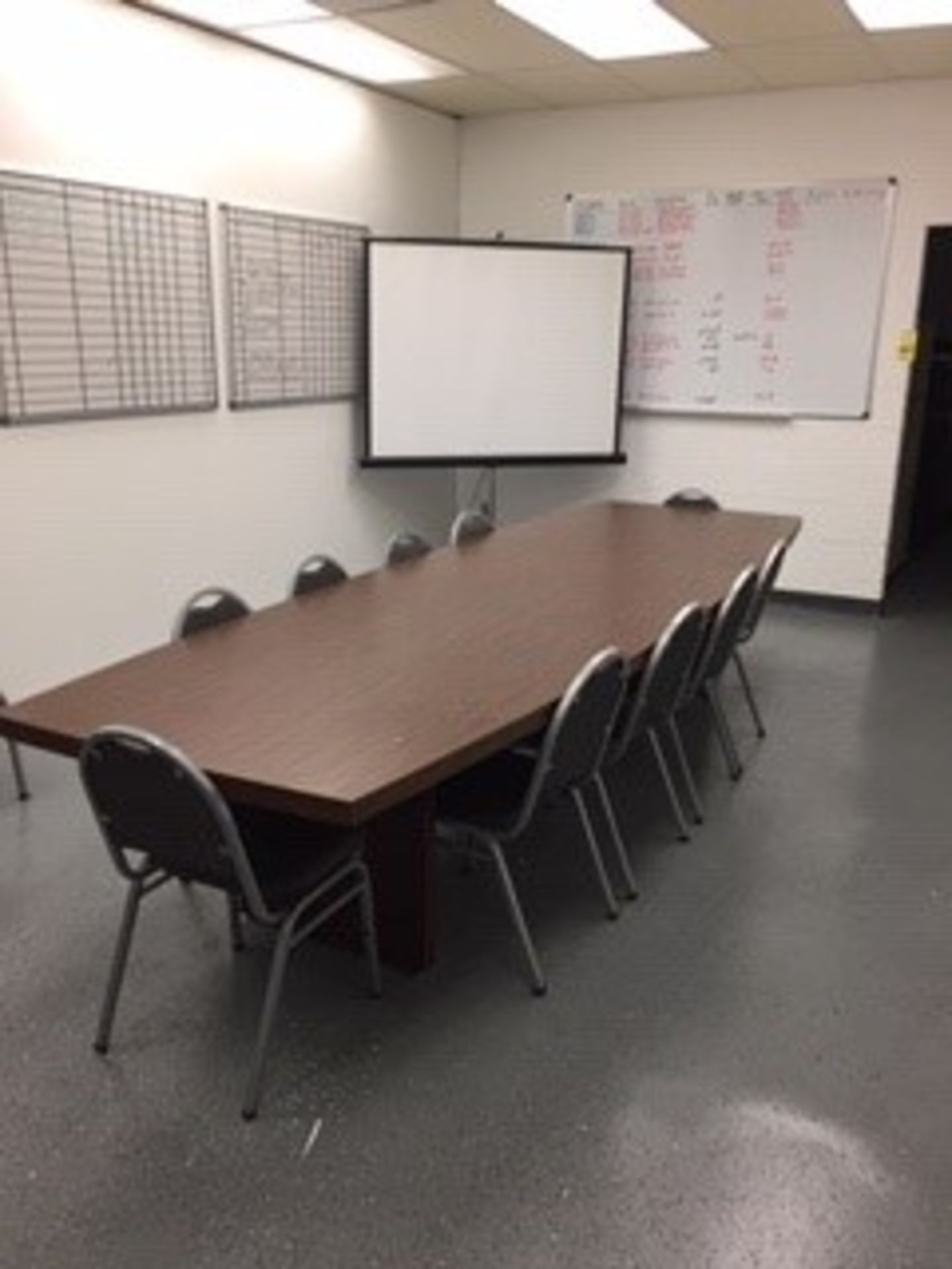 LOT CONTENTS OF ROOMS (2): conference table, (14) chairs, desk, table, (4) white boards, projections