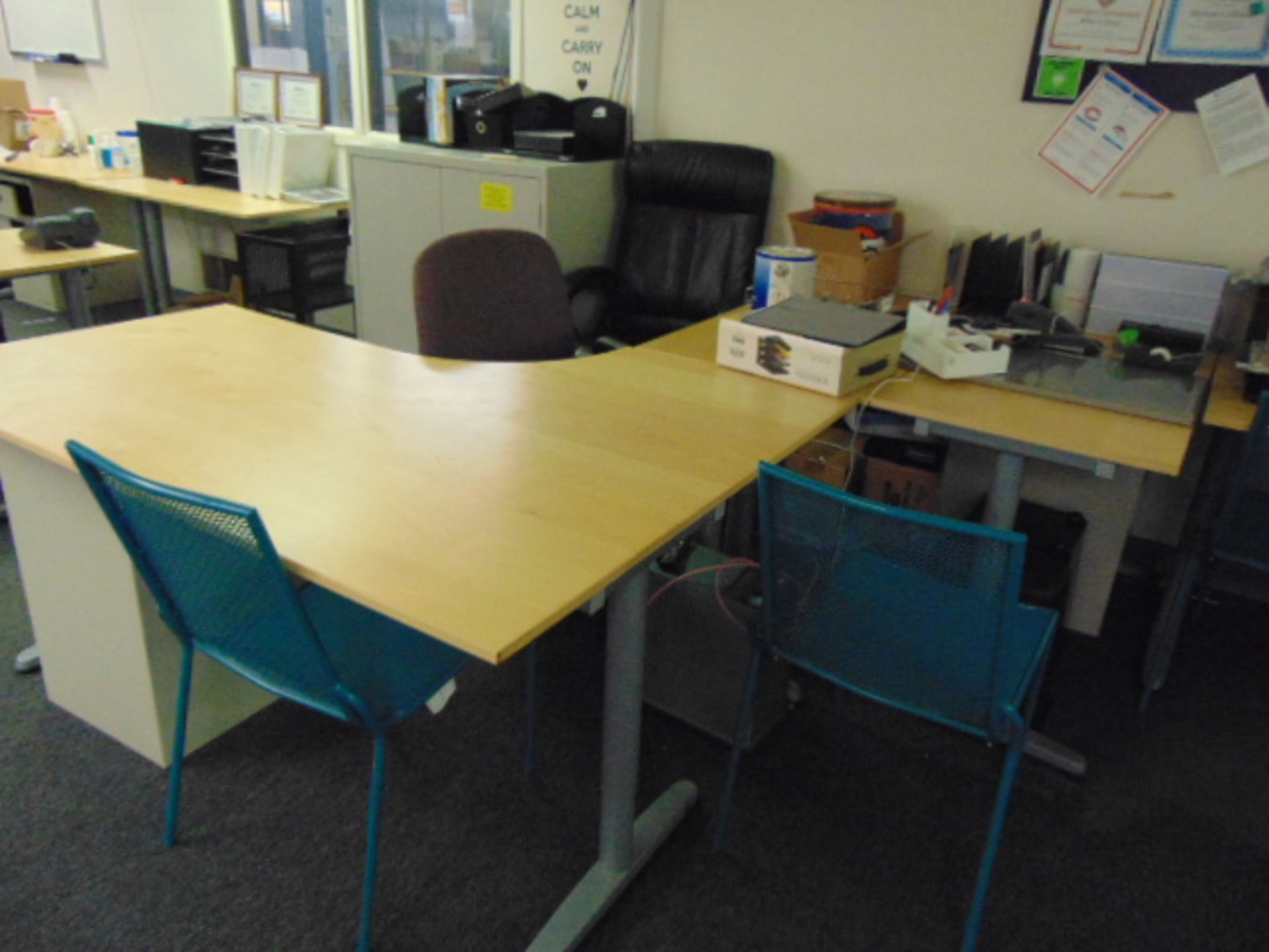 LOT CONSISTING OF: (5) L-shaped desks, (6) tables, (8) assorted file cabinets, (2) assorted printers - Image 7 of 11