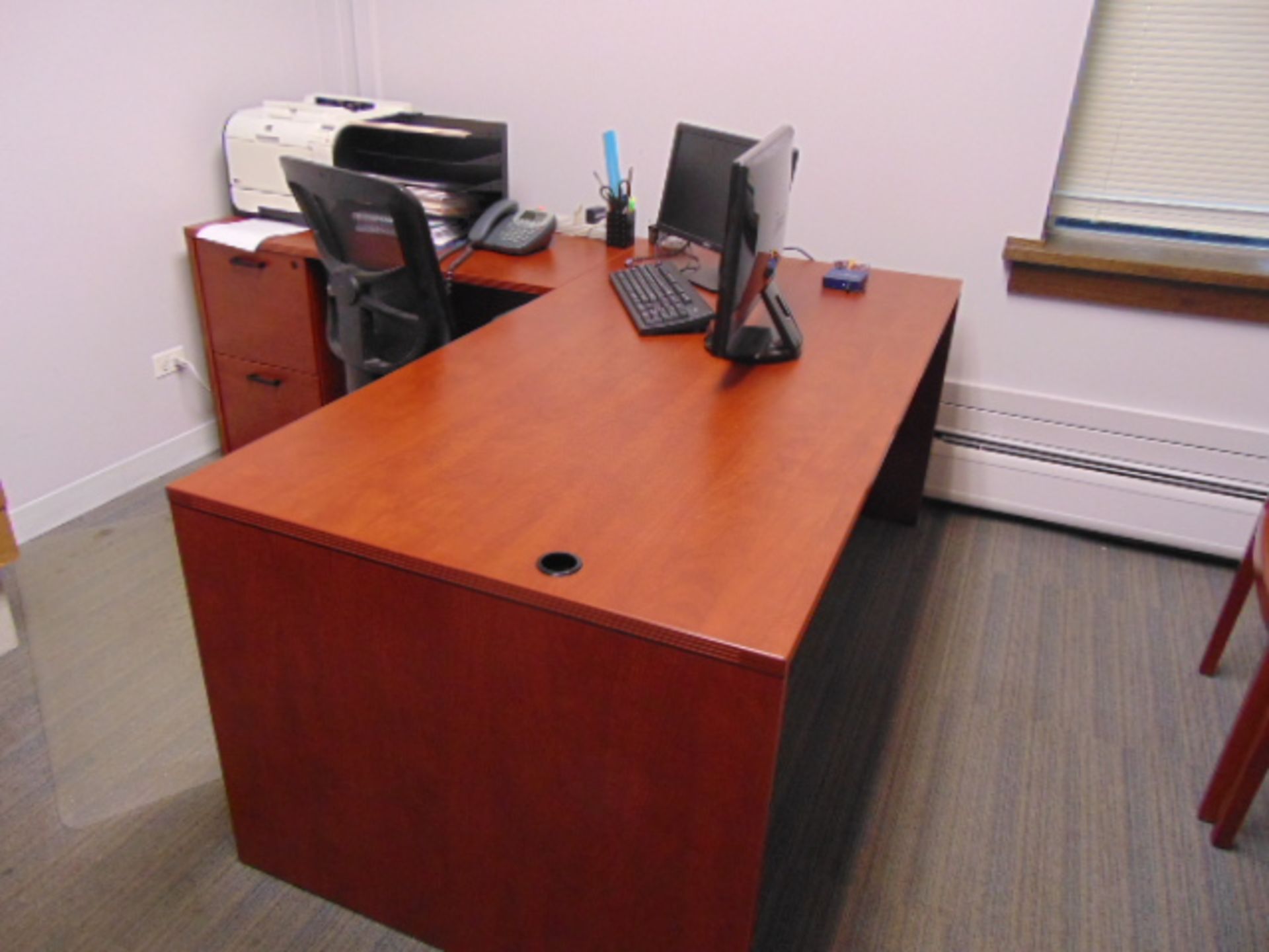 LOT CONSISTING OF: L-shaped desk, file cabinet, printer & (3) chairs (located at Block & Company, I