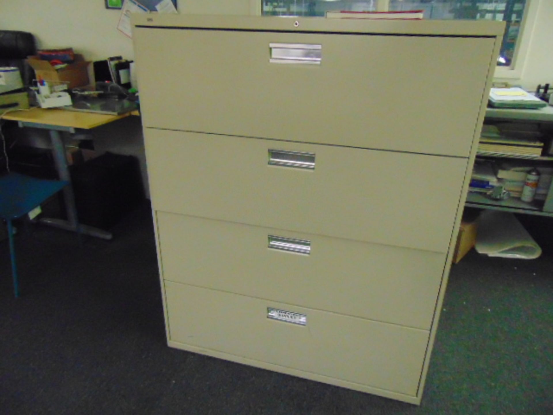 LOT CONSISTING OF: (5) L-shaped desks, (6) tables, (8) assorted file cabinets, (2) assorted printers - Image 8 of 11