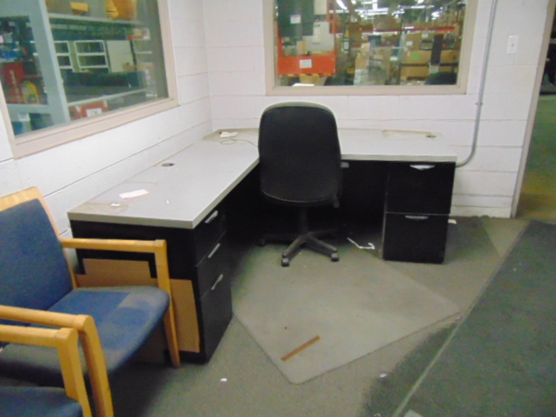 LOT CONSISTING OF: (2) L-shaped desks, file cabinet, mini refrigerator & (4) chairs - Image 2 of 5