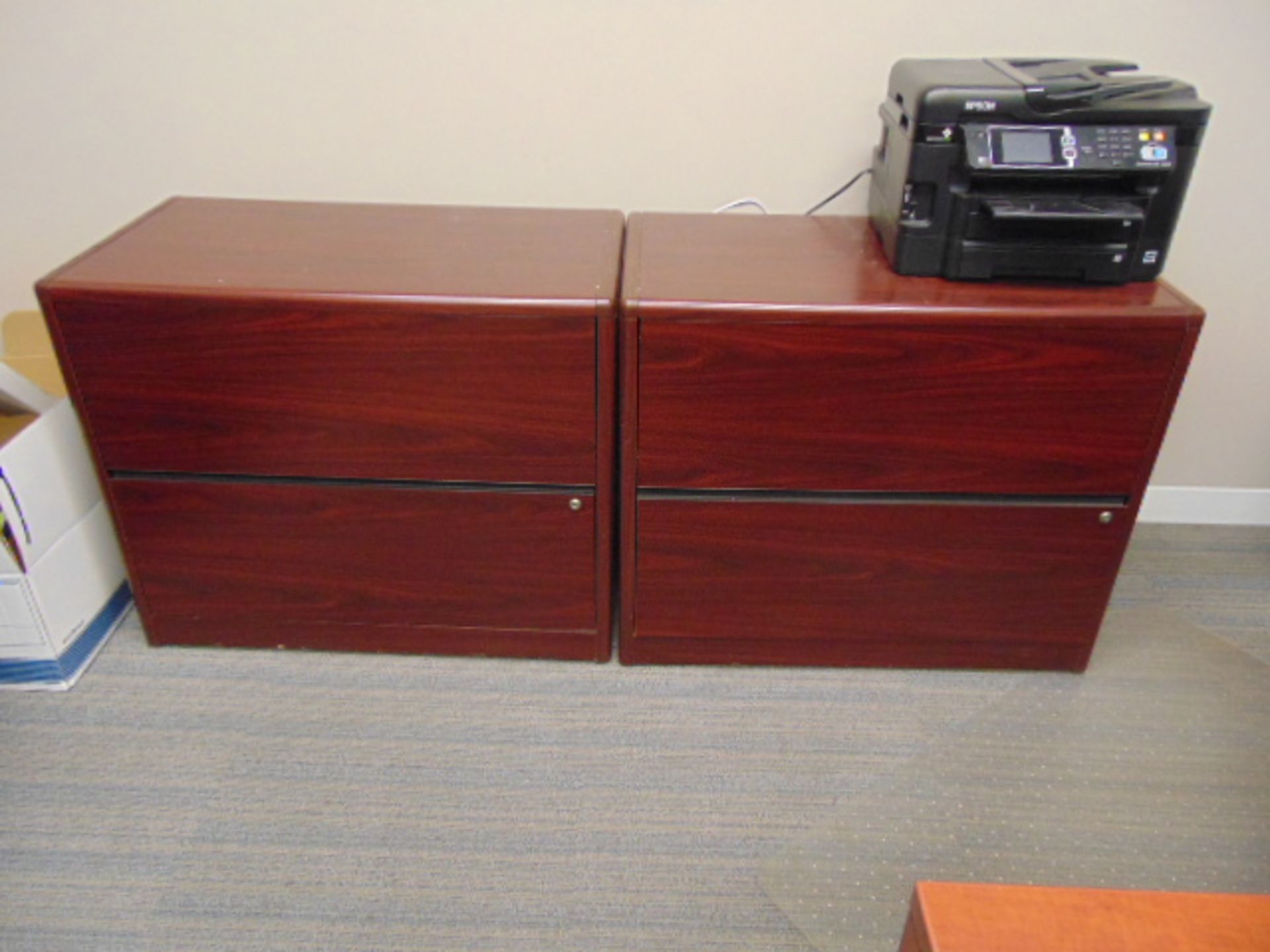 LOT CONSISTING OF: L-shaped desk, table, (5) assorted file cabinets, printer & (7) chairs - Image 2 of 5